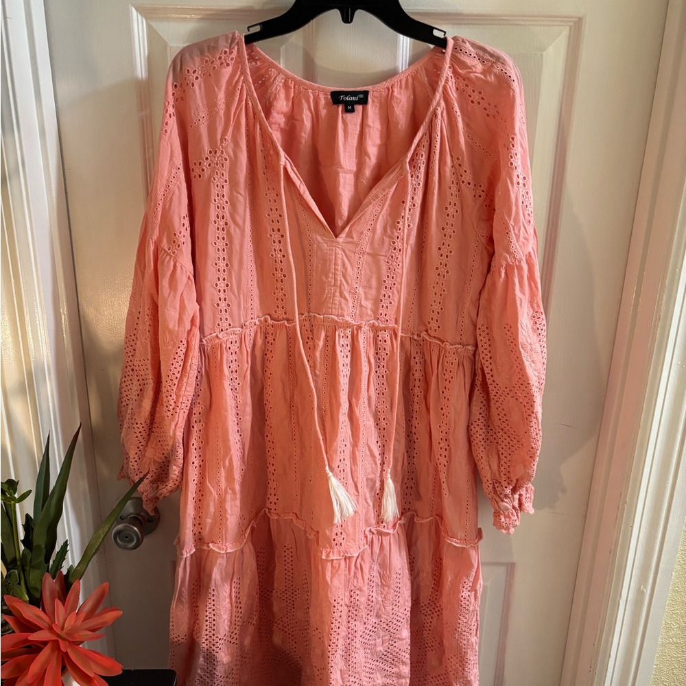 Tolani Coral Long Sleeve Midi Eyelet Boho Cottagecore Dress w/Tassels, Sz M